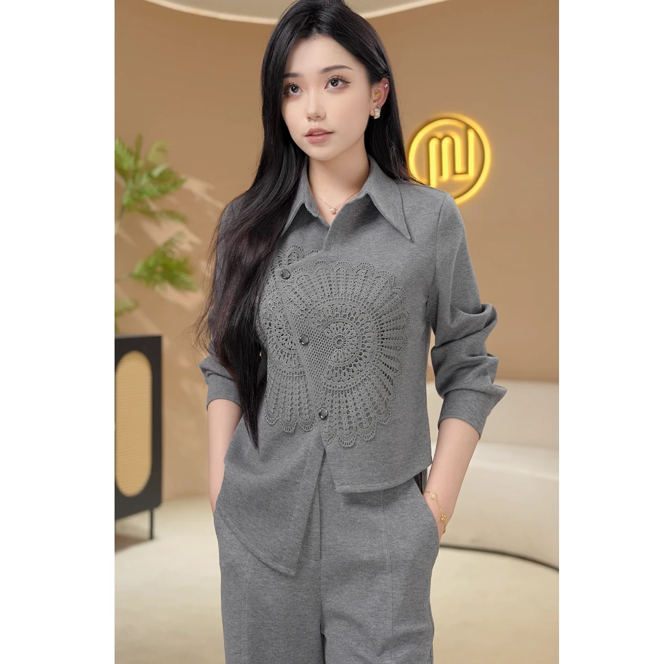 QH80185春款套装不规则绣花设计感新中式气质两件套