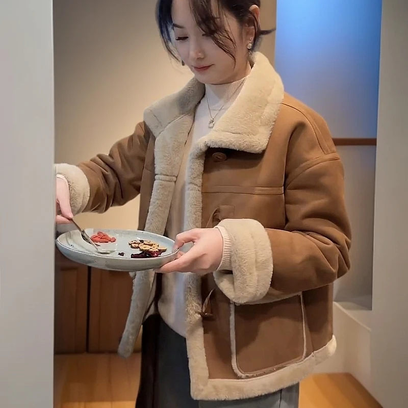 欧货2024冬季新韩版宽松短款小个子皮毛一体设计感加厚外套女上衣