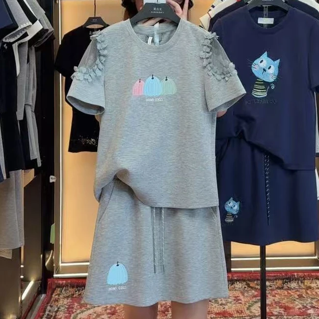 【宠粉价】烫钻南瓜镂空袖短袖套装裙两件套连衣裙裤TZ-144