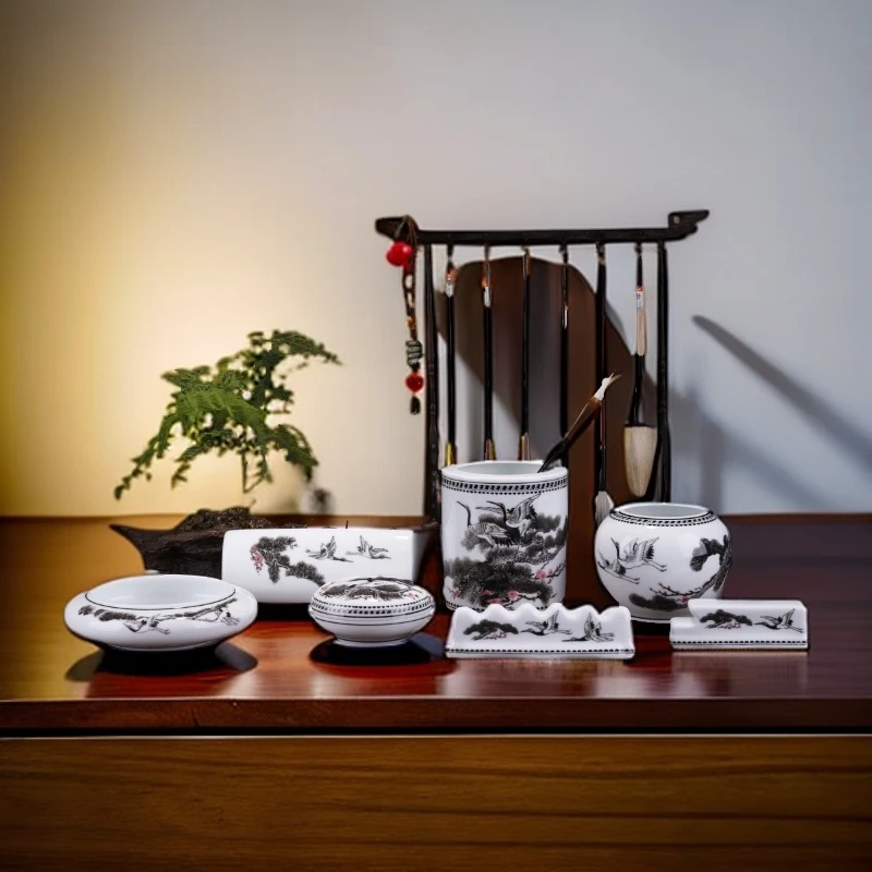 书法陶瓷文具套装笔筒架洗镇纸印泥盒墨床烟灰缸文房四宝功夫茶具