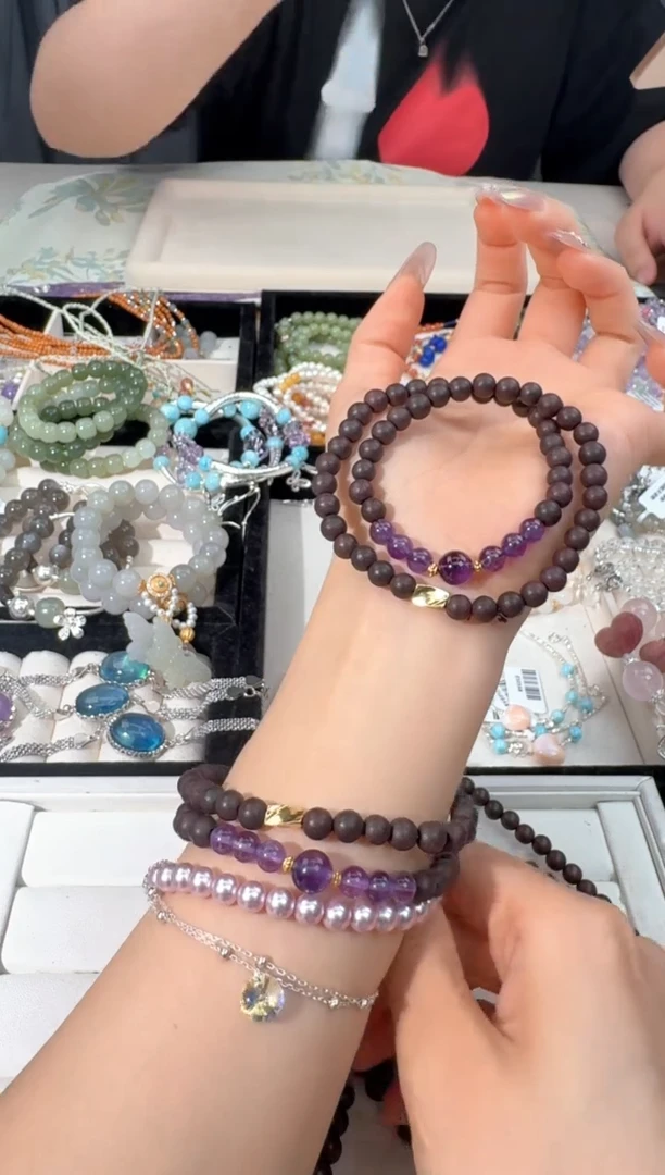 水晶手链银S925镶嵌P004降真香紫水双圈款