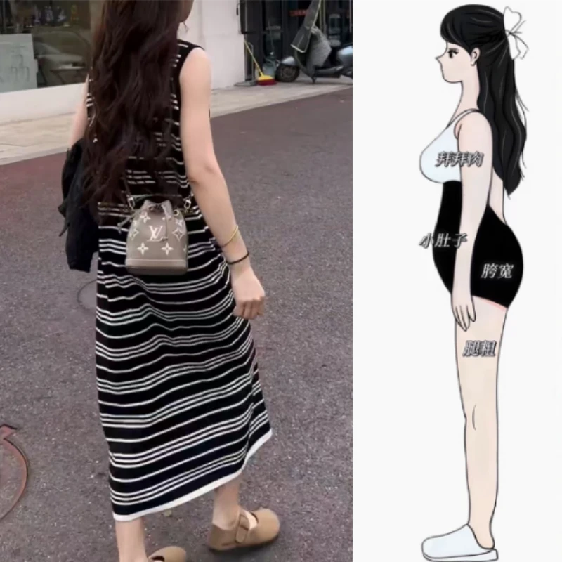 2025夏薄款大码女装设计感条纹圆领无袖连衣裙梨形身材显瘦中长裙