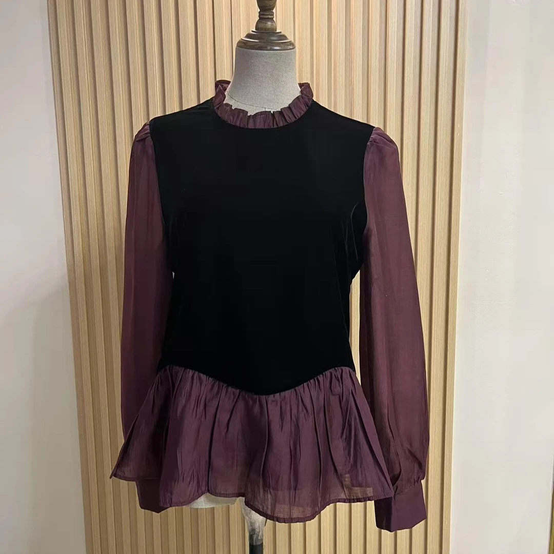 丝绒撞色安哥拉红荷叶摆定制高级上衣