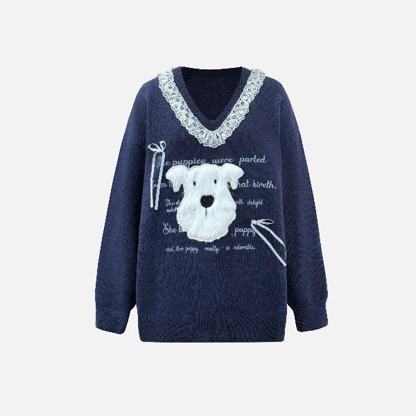 套头V领蕾丝拼接毛绒修狗宽松毛衣C   8192#