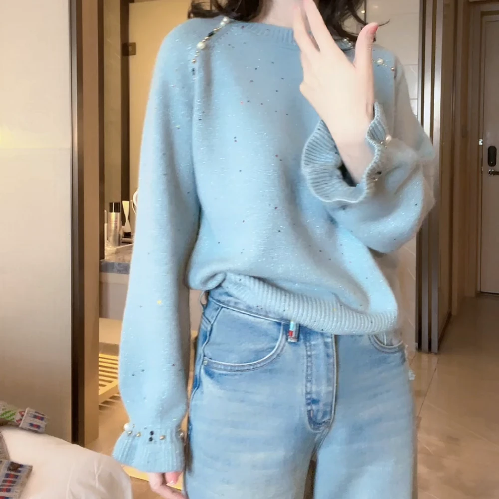 时尚钉珠设计感圆领针织衫女秋冬季宽松慵懒套头毛衣蓝色上衣百搭