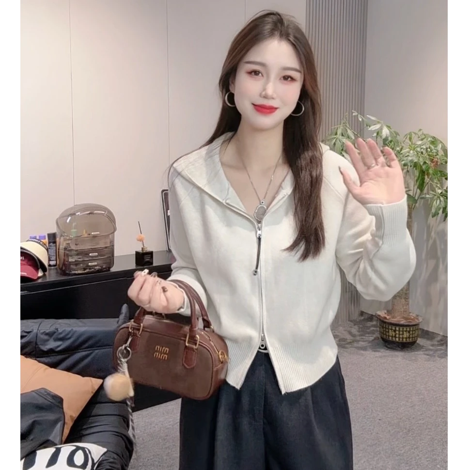 【唯美女装】通勤百搭～连帽双拉链针织毛衣