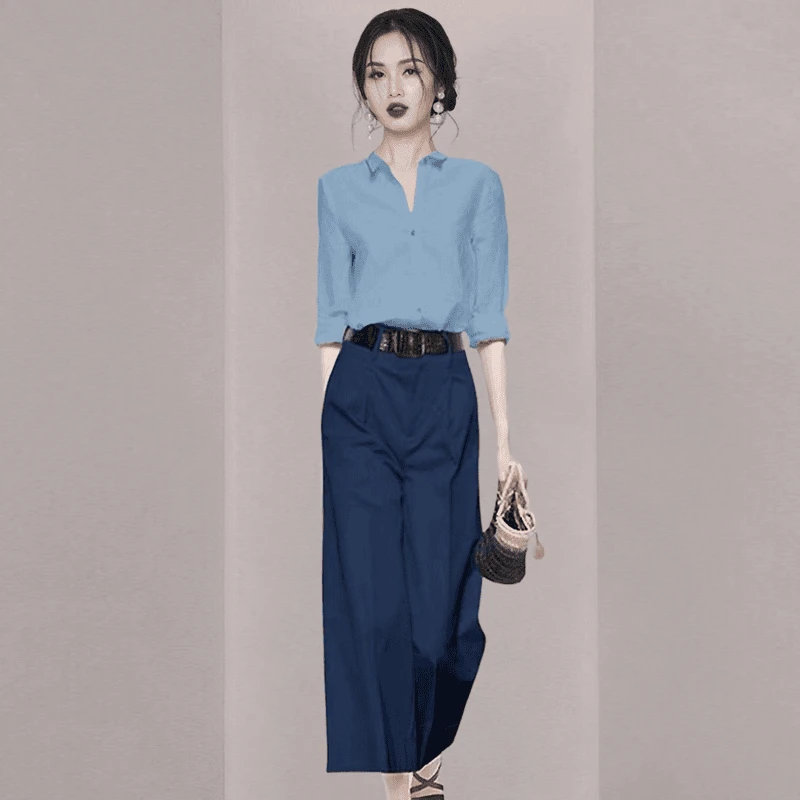 春装气质女神范套装2025年新款欧美长袖衬衫阔腿裤流行两件套休闲