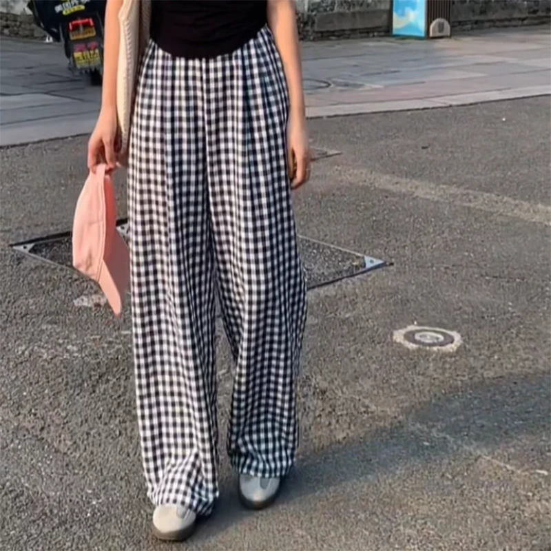 ｜徐帆女装｜简约超百搭松紧高腰格子休闲裤宽松显瘦气质阔腿裤