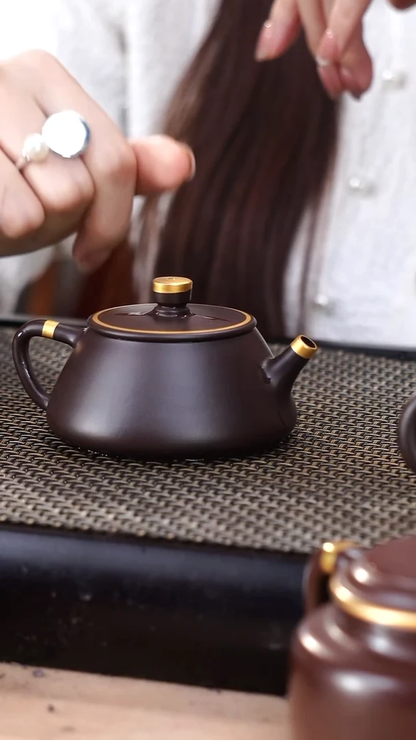 茶壶紫砂四号井茄皮紫泥描金平盖石瓢120cc