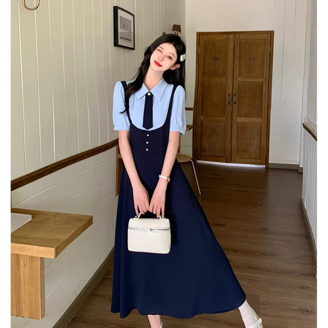 短袖女款爆款2025新款学院风假两件连衣裙夏季胖妹妹气质显瘦长裙