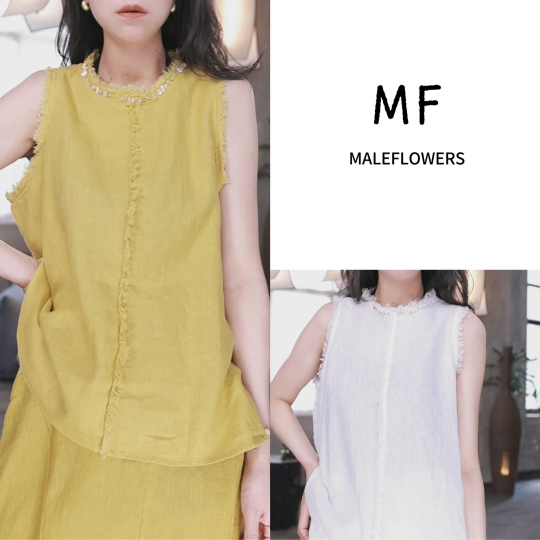 东倪MF 亚麻100高奢度假风手工钉珠圆领无袖背心上衣新夏 85B949