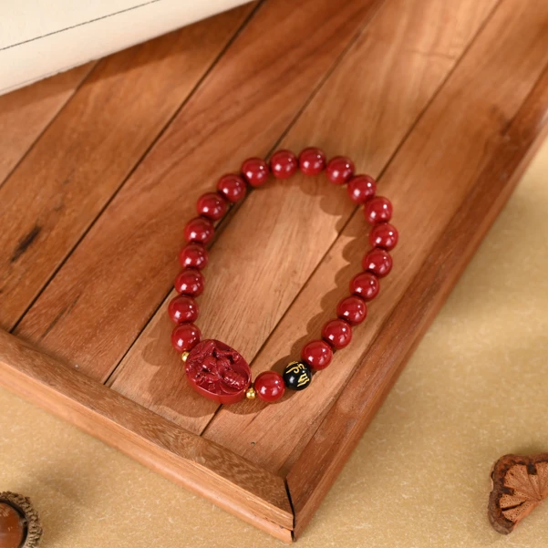 含辰砂工艺品朱砂8mm+八大守护神单圈手串/串-图案随机