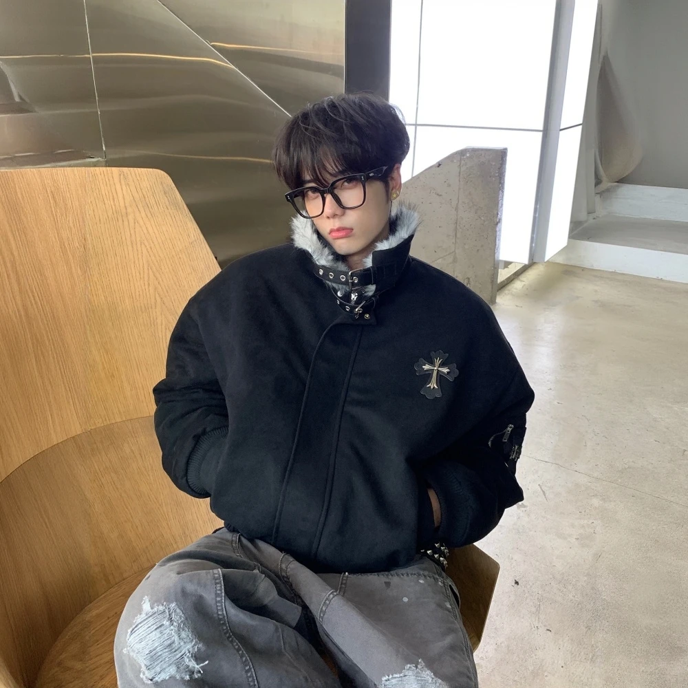 黑色美式复古十字架座山雕外套棉服男女冬季加绒加厚毛领棉衣夹克
