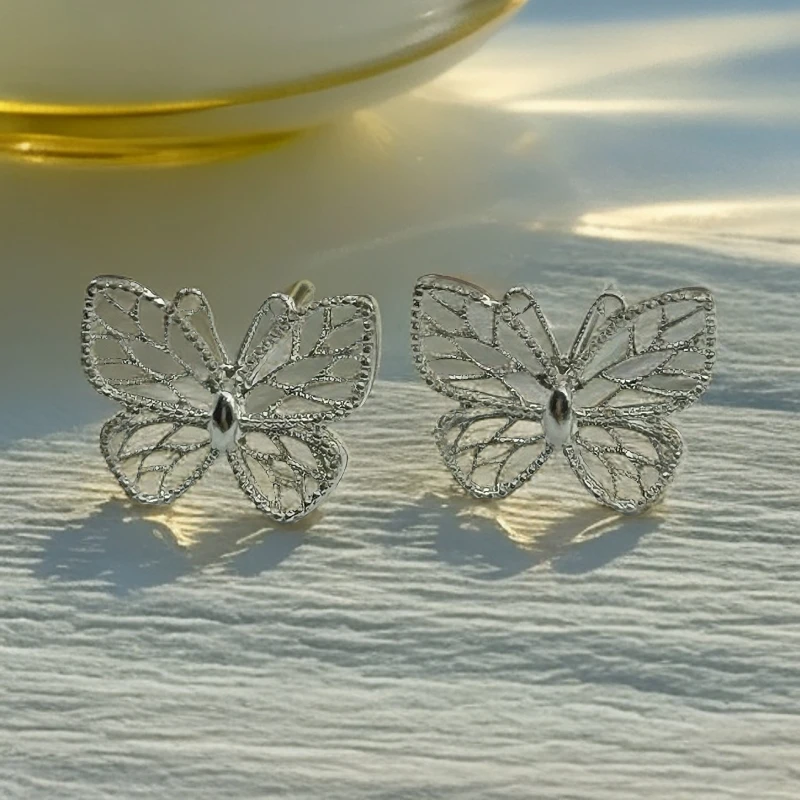 足银耳饰 足银耳钉简约蝴蝶耳钉师傅手工百搭气质小众耳环女轻奢