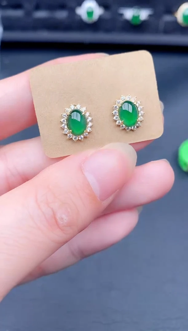银S925镶嵌翡翠耳饰天然a货翡翠0