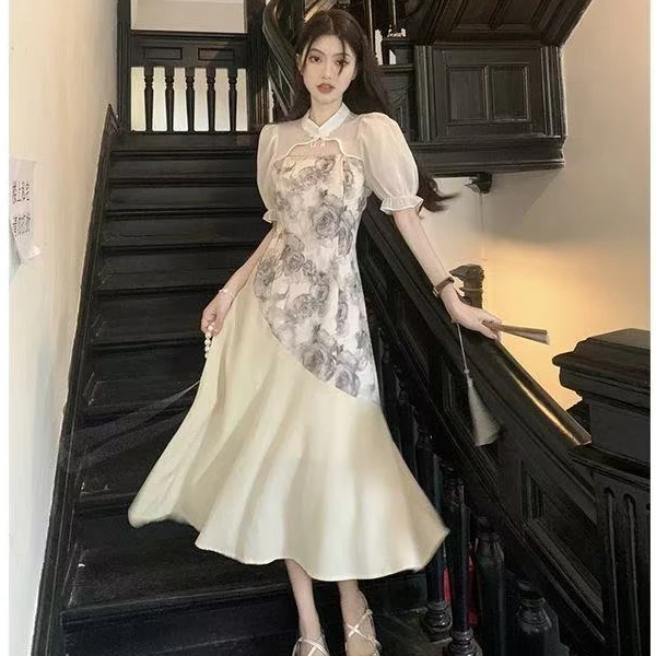 夏季拼接长裙短袖中式清冷感连衣裙碎花显瘦连衣裙中