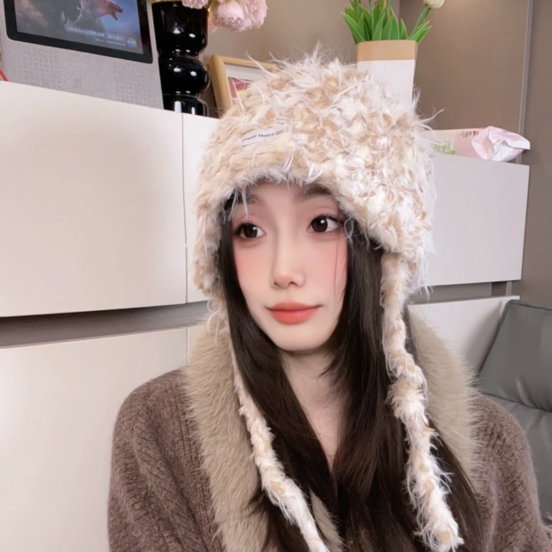 冬日新款日系风豹纹毛绒提溜包头帽女显脸小针织帽大头围保暖仙女