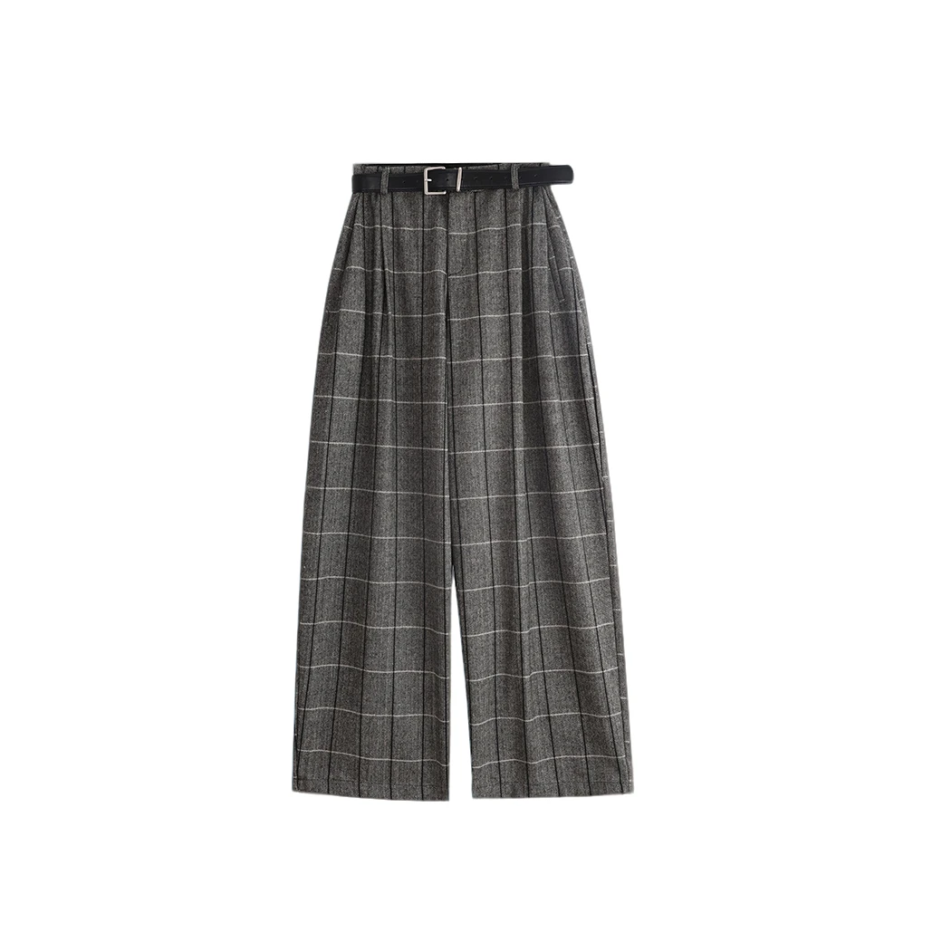 邓蕾婷【灰格羊毛】显瘦气质高腰格纹时尚休闲百搭黑色直筒阔腿裤