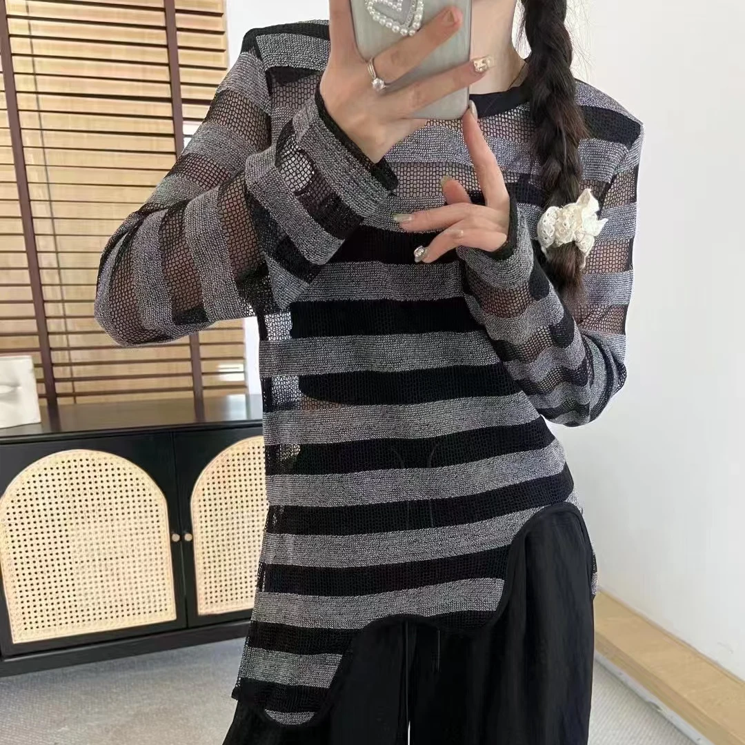 2025春新款不规则条纹打底衫女网红百搭圆领套头针织纱  y
