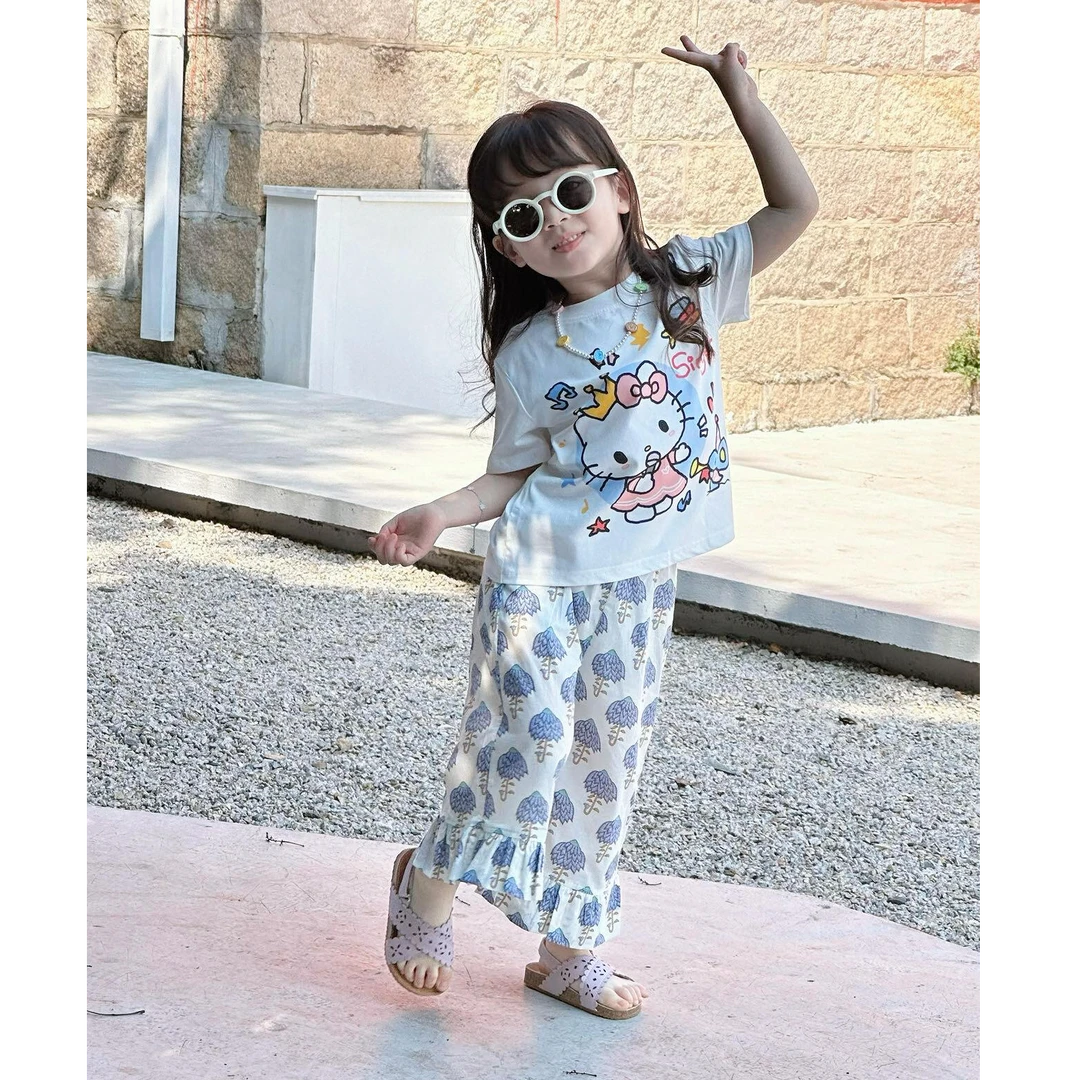 小惜亦女童2025夏季新款韩版白色卡通T恤碎花花边防蚊裤洋气套装