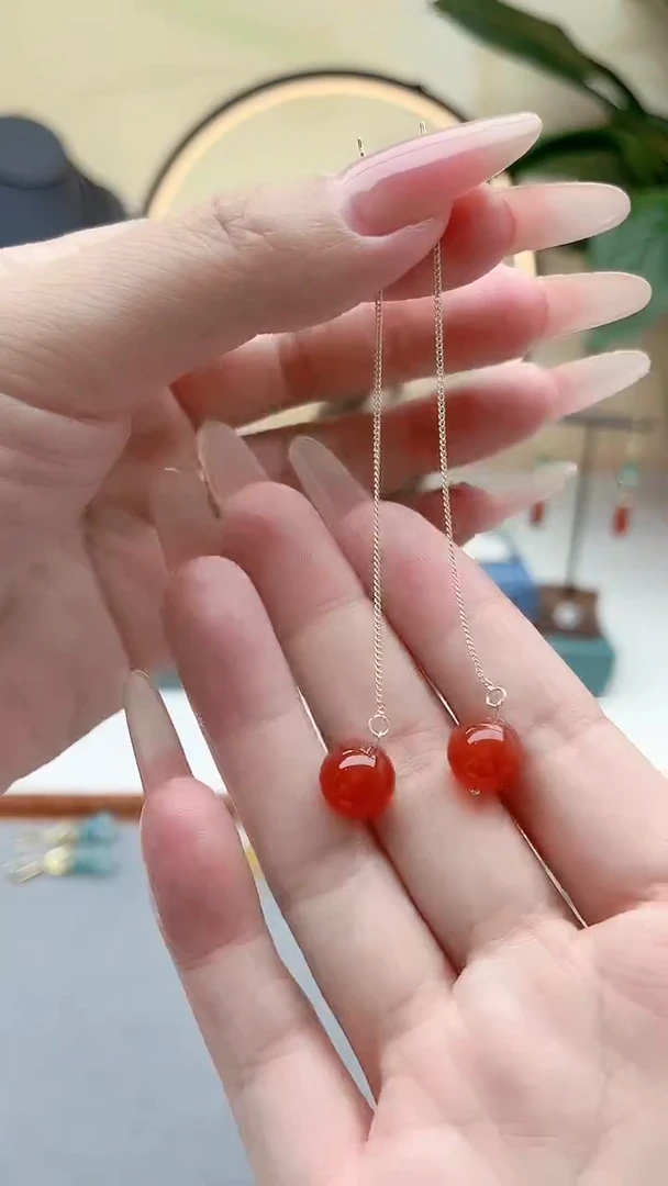 银S925镶嵌耳饰玛瑙/玉髓00耳线红