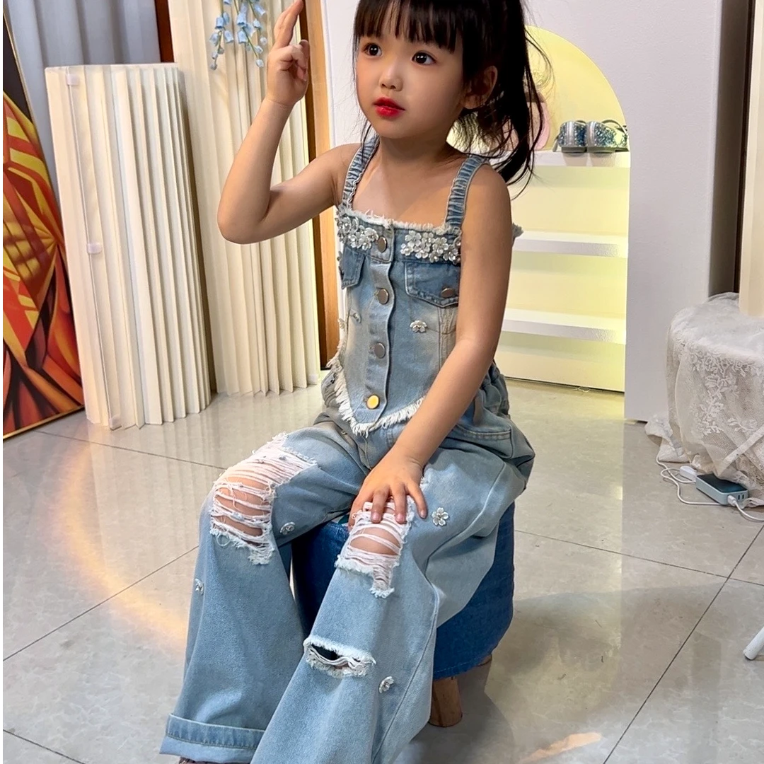 2025女大童复古怀旧手工订花破洞牛仔吊带阔腿裤子两件套装