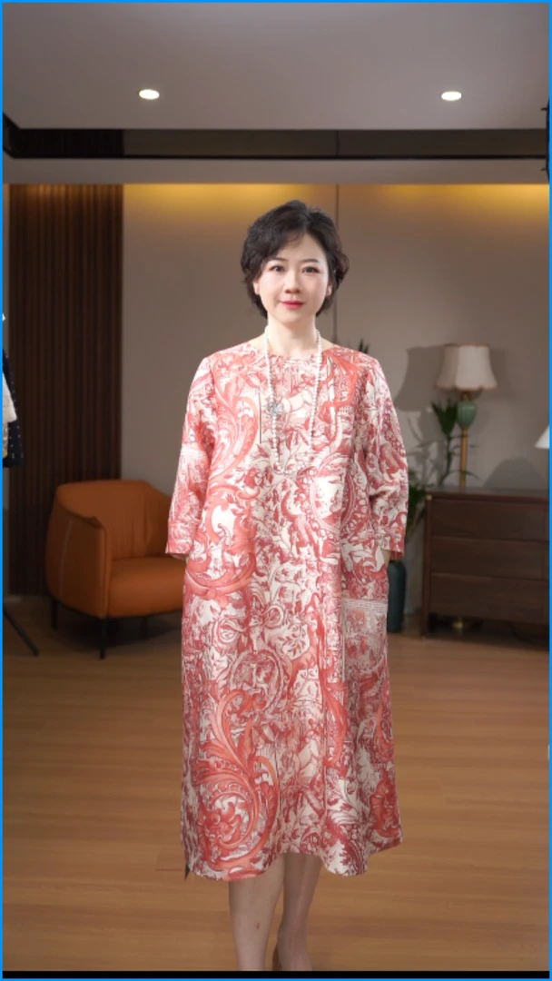 红色印花圆领丝毛气质宽松连衣裙m102