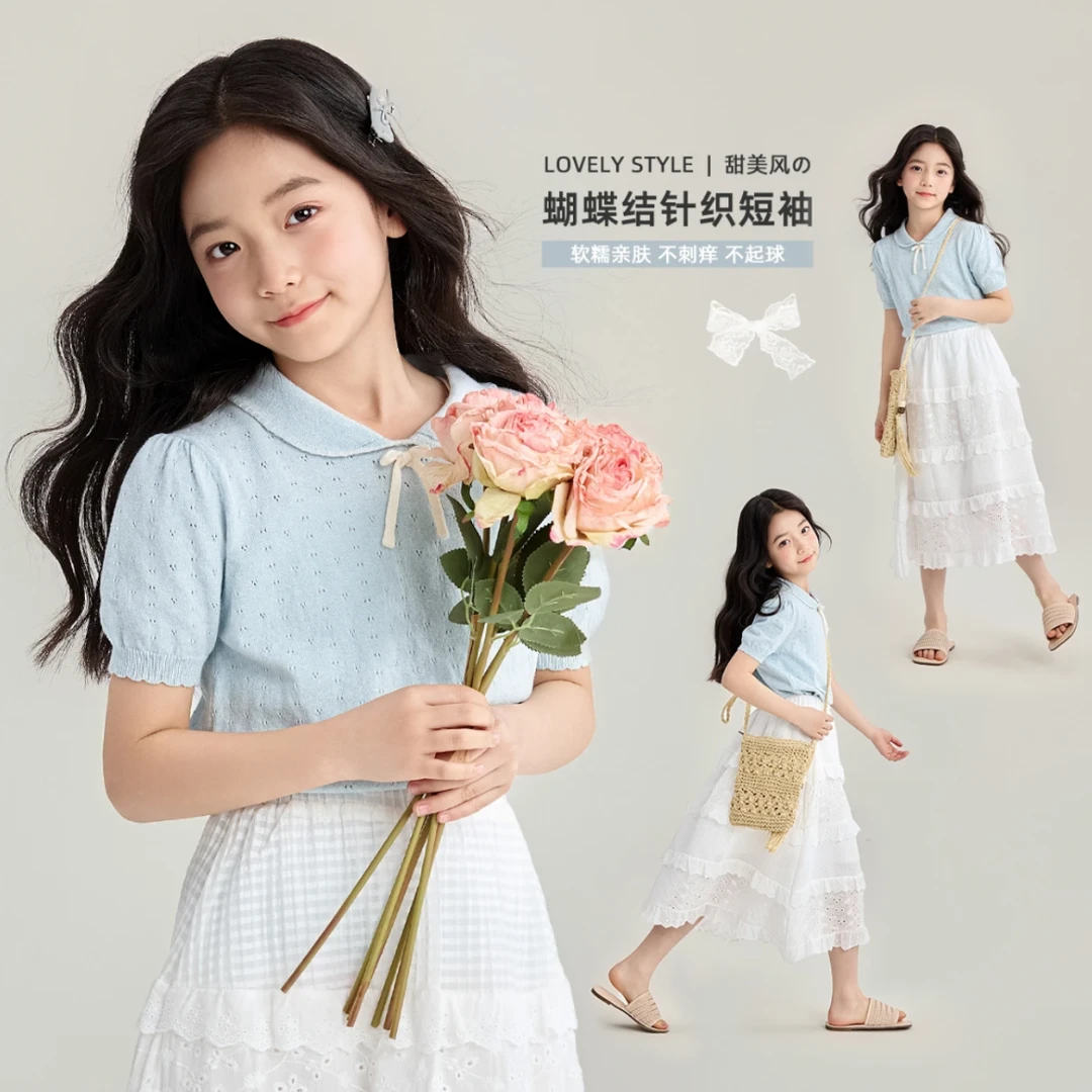 女童夏季新款T恤针织洋气女宝宝翻领短袖蝴蝶结百搭上衣