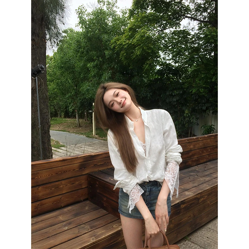 套装女2025春秋新款V领蕾丝修身内搭气质纯欲打底衫宽松长袖衬衫