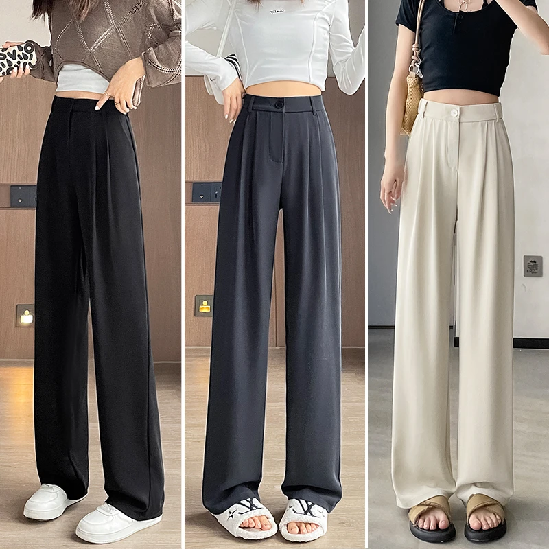 （现货带险）夏季薄款冰丝小个子西装裤女宽松显瘦拖地窄版直筒裤子