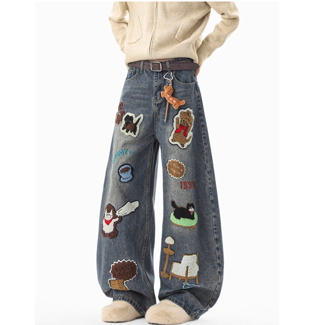 ZOCI美式卡通毛巾绣牛仔裤男冬季潮牌设计感阔腿裤子宽松百搭拖地