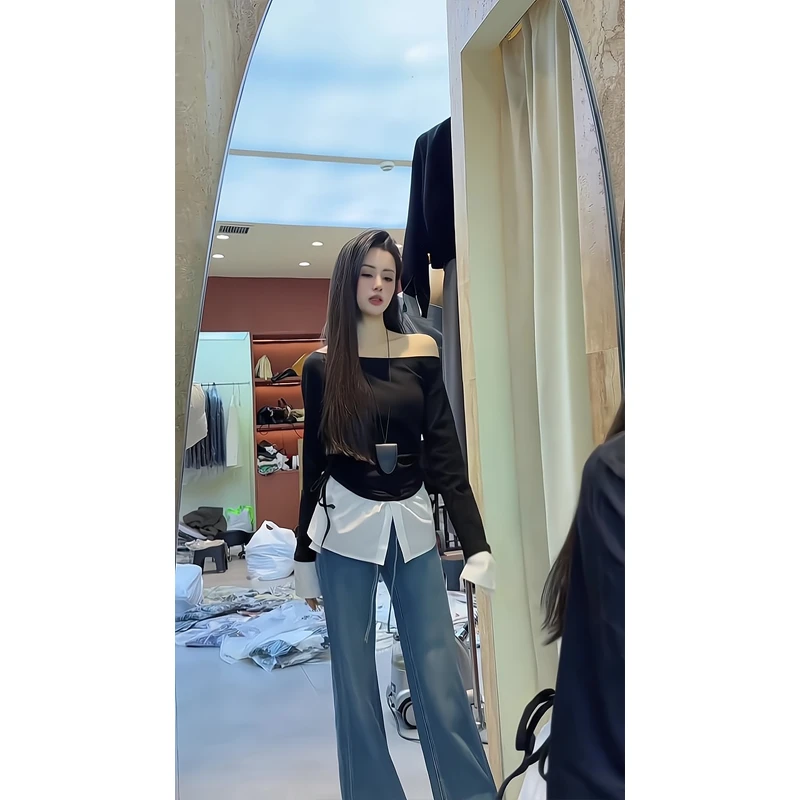 洋气休闲装2025开春气质假两件拼接长袖T恤一字肩上衣微喇叭牛仔