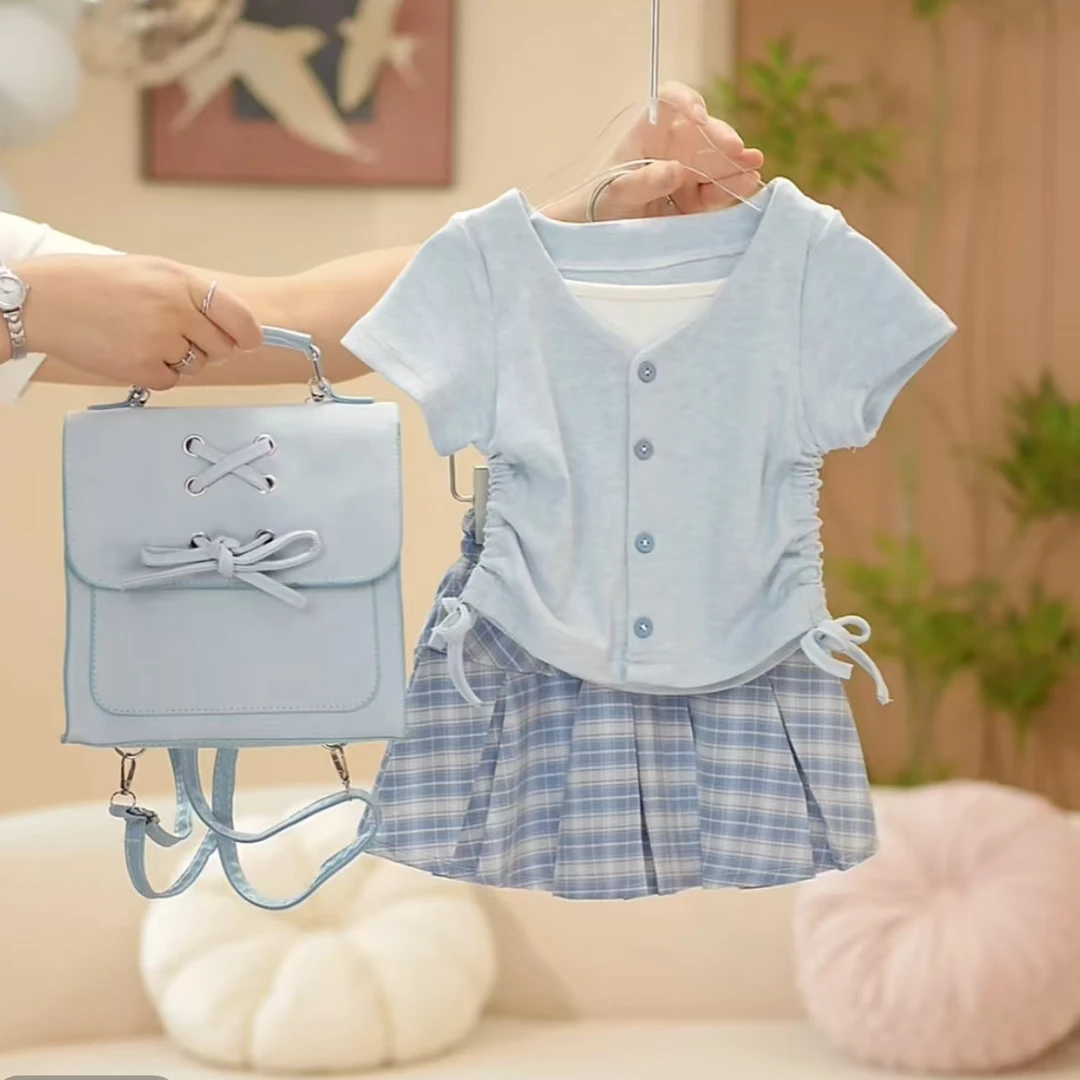 女童套装夏装儿童夏季洋气时髦格子裙短袖T恤上衣两件套中小童
