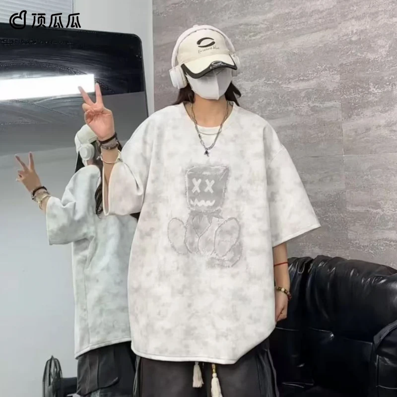 顶瓜瓜特大码300斤卡通潮牌扎染设计感纯棉短袖t恤男女夏季情侣装