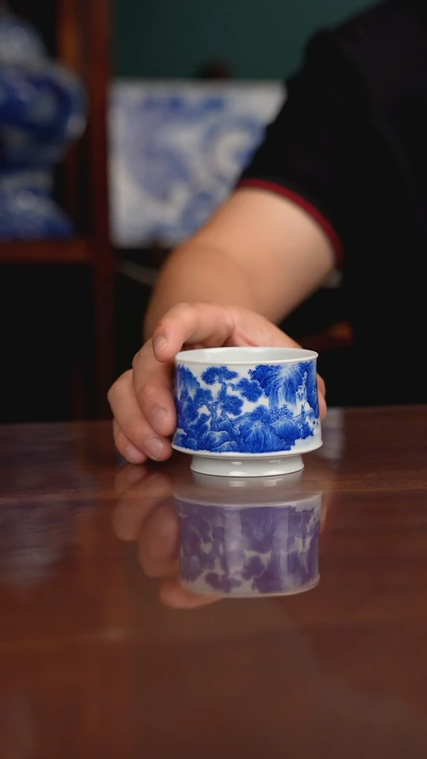 晓月窑青花山水主人杯