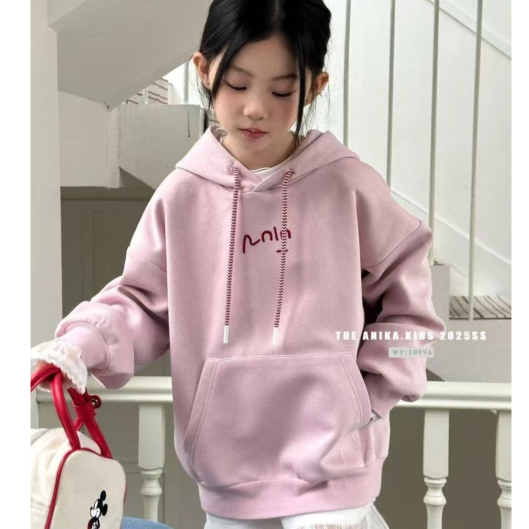 ANIKA粉色连帽纯色卫衣百搭时尚韩版宽松新款大童休闲