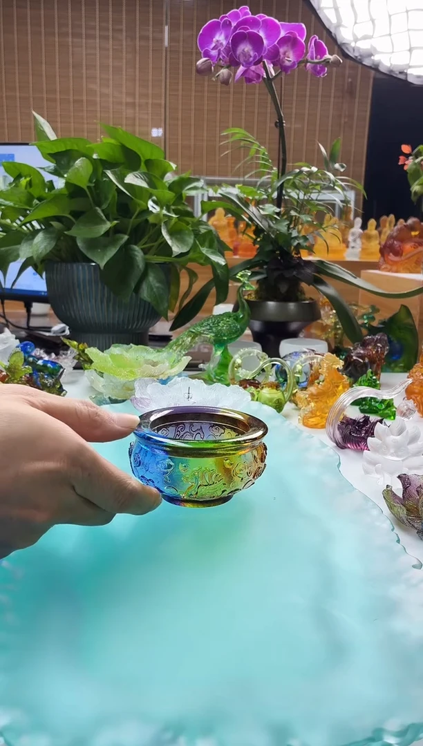 手工艺品琉璃彩色四神兽聚宝盆5*9公分