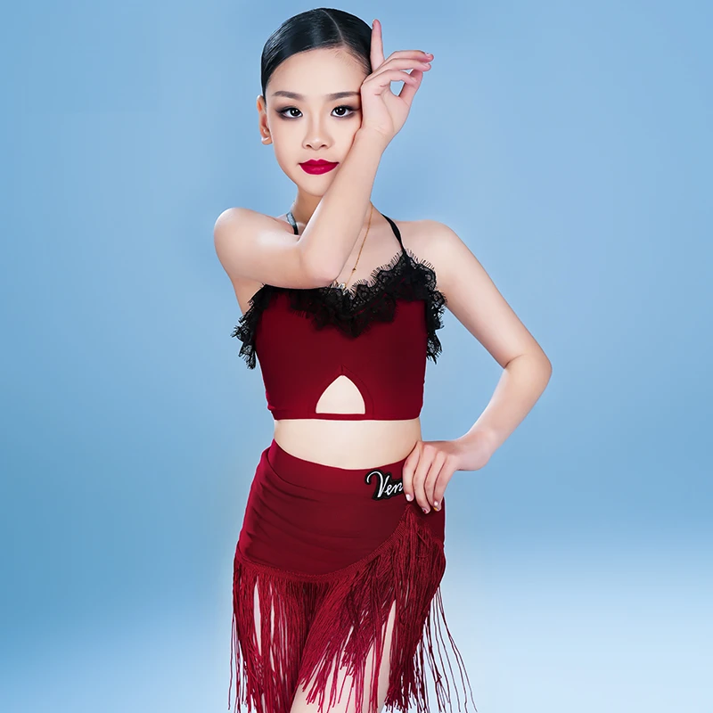 薇妮舞美拉丁舞服春夏新款分体练功服蕾丝吊带流苏半裙洋气训练服