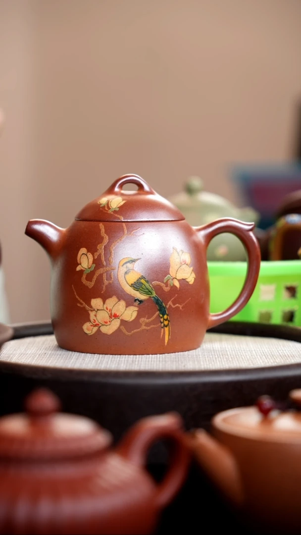 茶壶紫砂柴烧胭脂红秦权泥绘