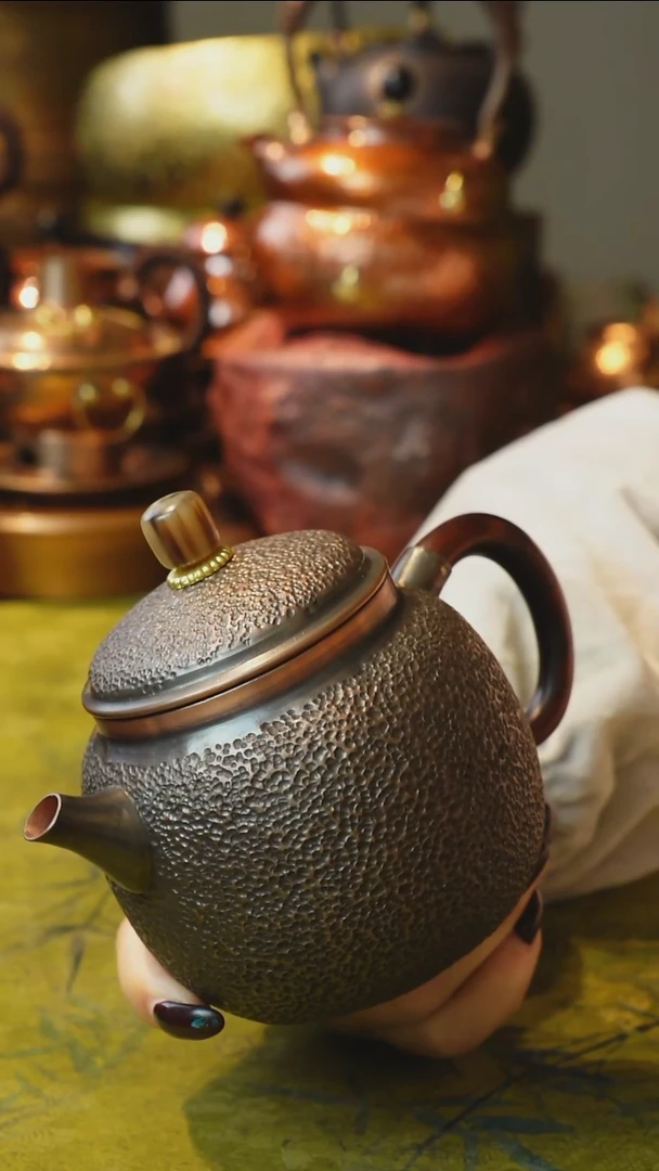 纯紫铜檀木柄泡茶壶