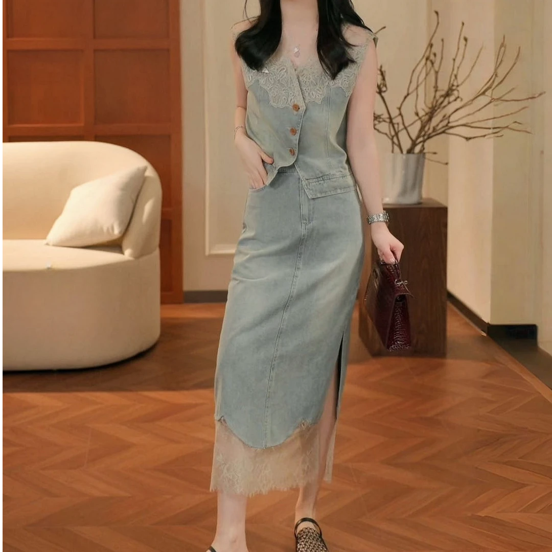 夏季轻奢欧若风设计师百搭蕾丝牛仔马甲半身裙气质套装女小众女装