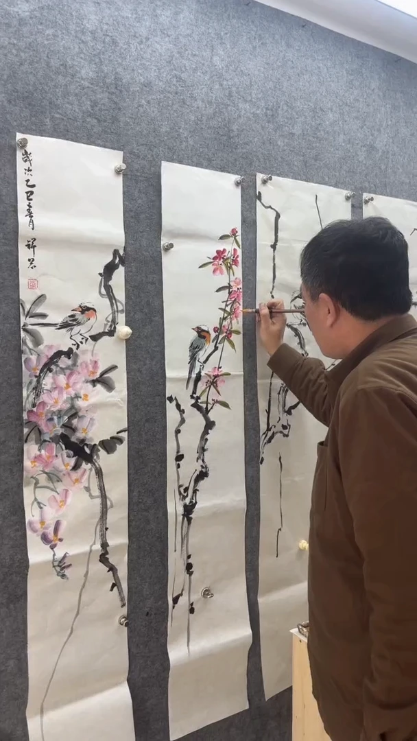 【闪购商品】国画盛祥鲲手绘订制桃花鸟图