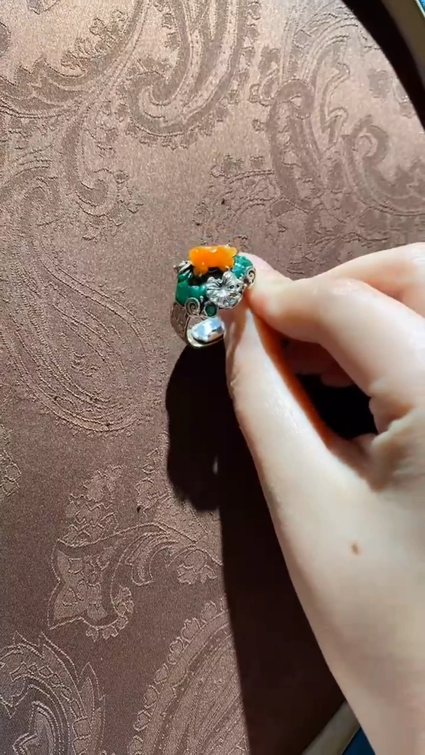 【闪购商品】翡翠戒指银S925镶嵌红翡绿翠 15号