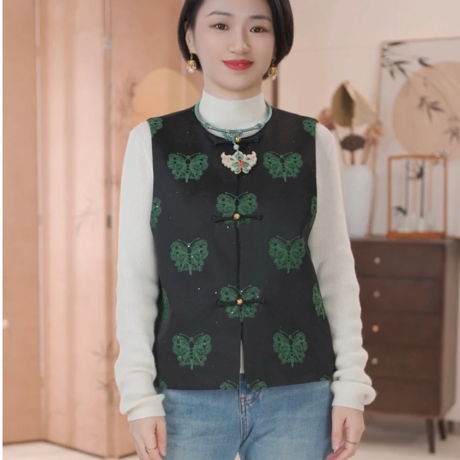 【绿蝴蝶】韩如艺新中式丝毛秋冬马甲上久楷简约百搭高端宋锦马甲