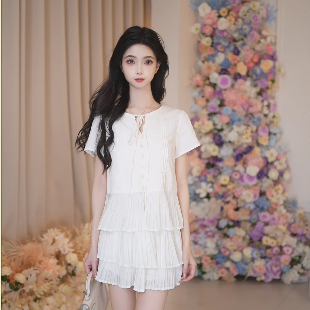 Basic House/百家好气质甜美细带无袖背心压褶套装女B1335B5AVI2