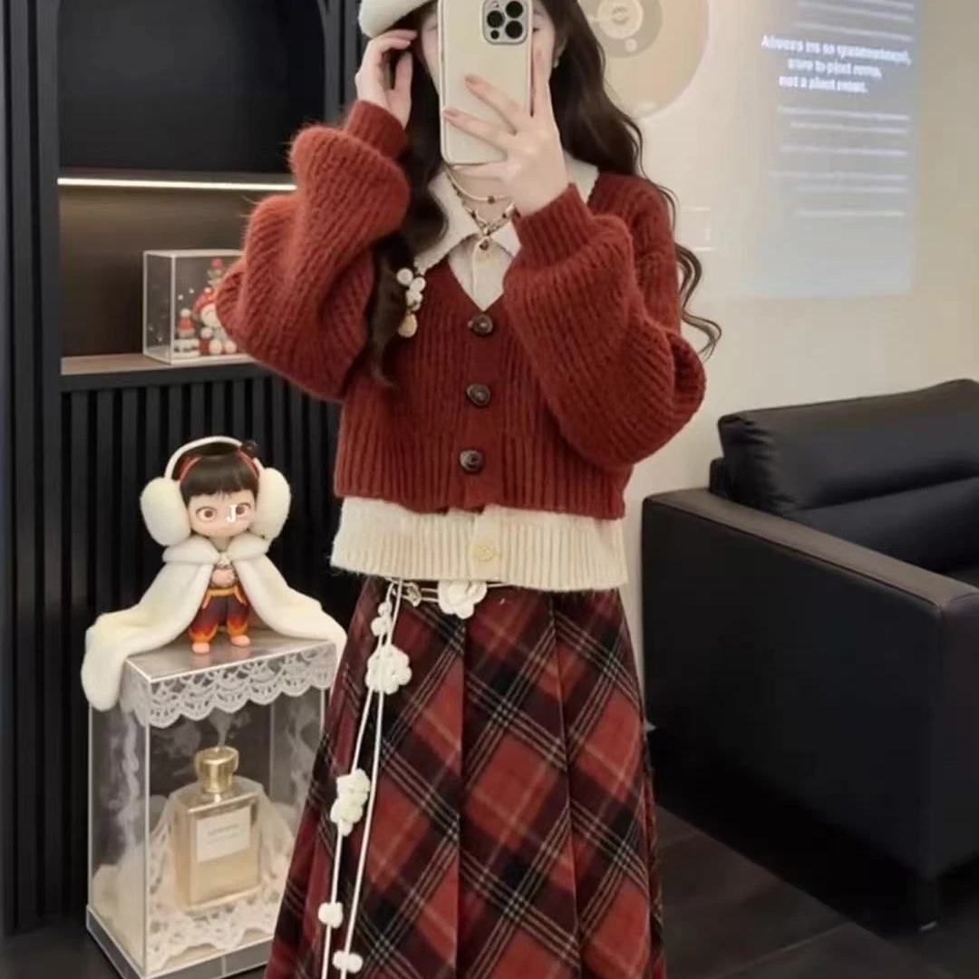 秋冬新年穿搭一整套学院风Polo领假两件毛衣格纹半身裙气质两件套