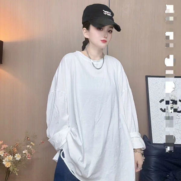 【倩倩】秋季新款长袖休闲宽松圆领大版洗水破边毛边打底杉女士上衣