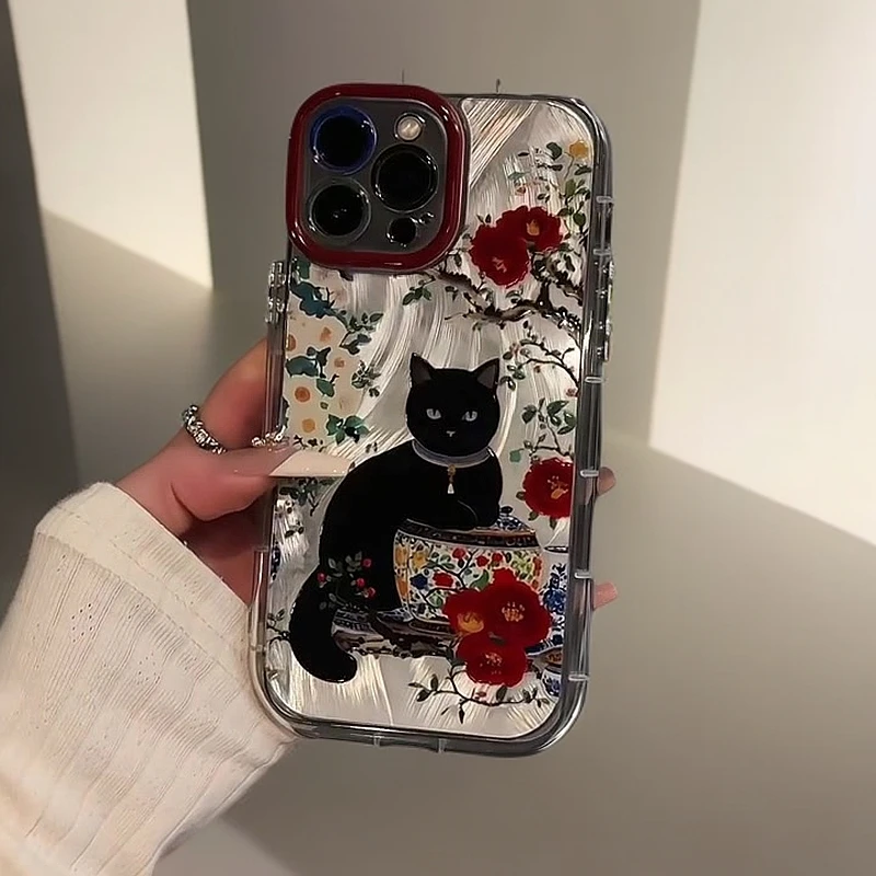 梅花黑猫适用iphone16手机壳苹果华为vivo小米OPPO荣耀复古防摔套