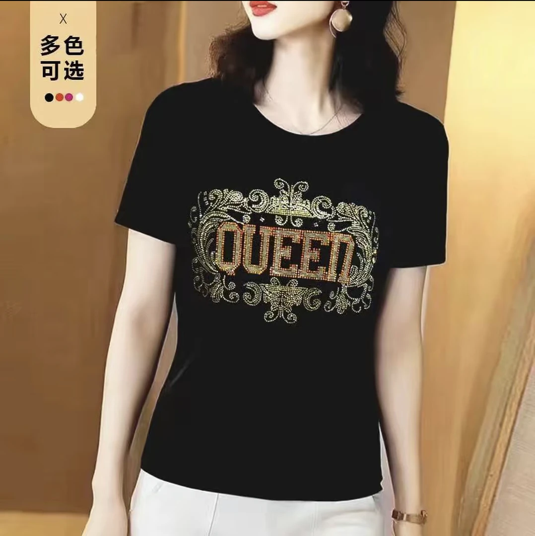 T恤气质女装显瘦时尚休闲夏季黑色印花圆领短袖洋气女士修身大码