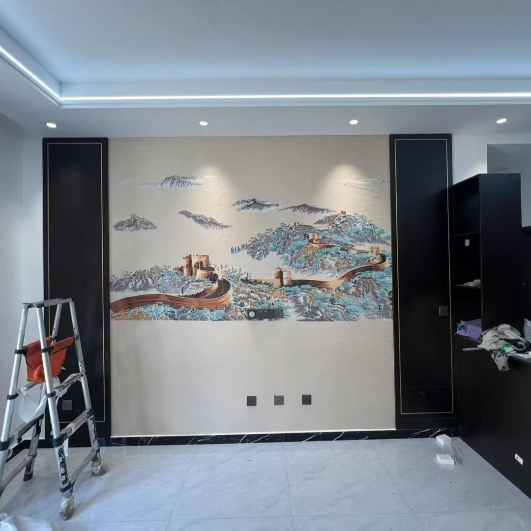 现代中式风格刺绣墙布高档长城适用于客厅背景墙尺寸可定制大气